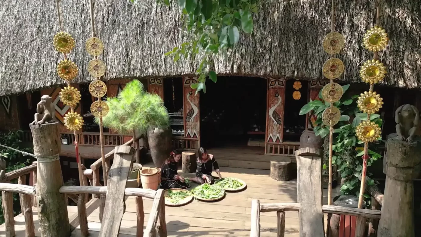 Hình ảnh người dân đang phơi và lọc các loại lá